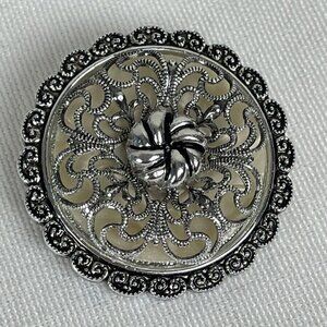 Vintage Signed West Germany Round Scarf Brooch Clip Silver Ornate Filigree